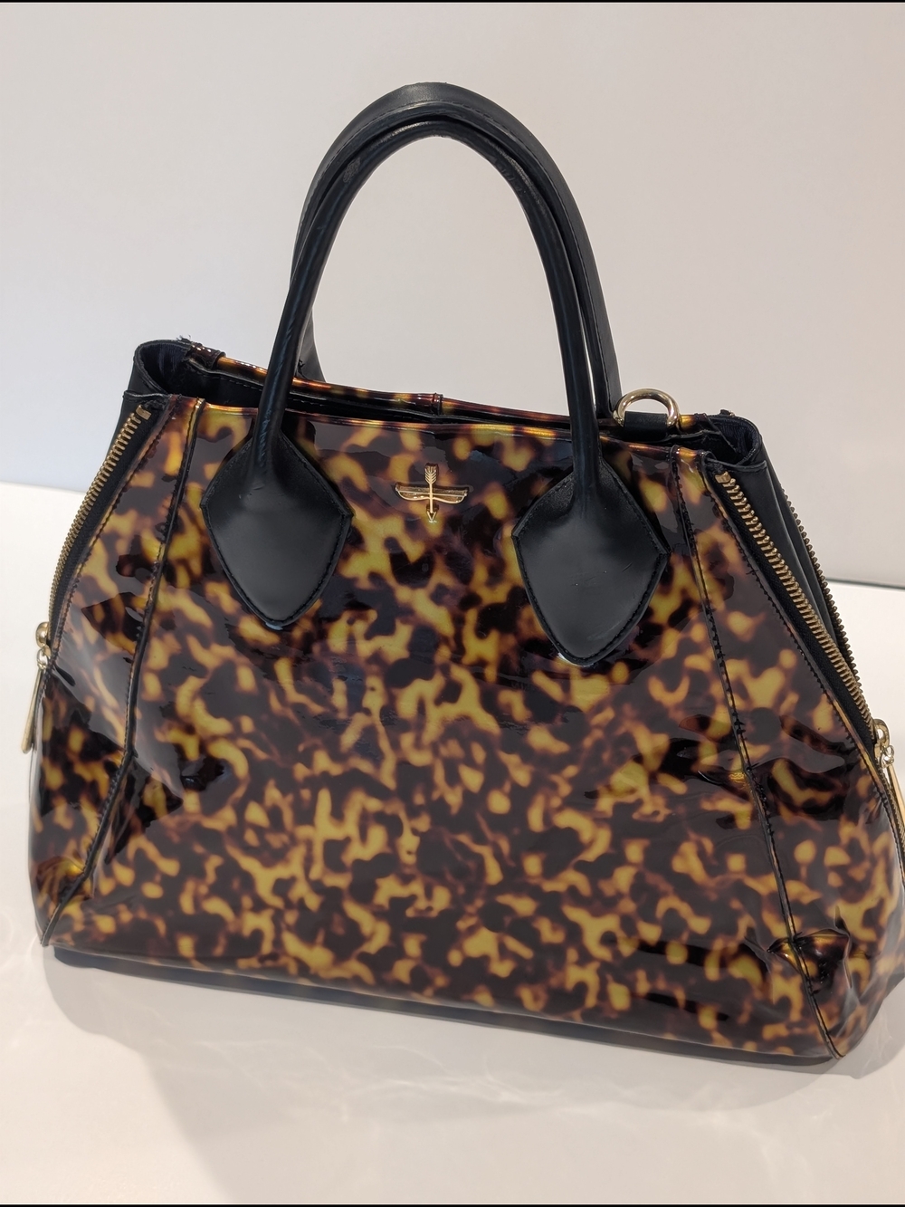 Pour La Victoire Tortoiseshell Patent Satchel Top Handle Bag